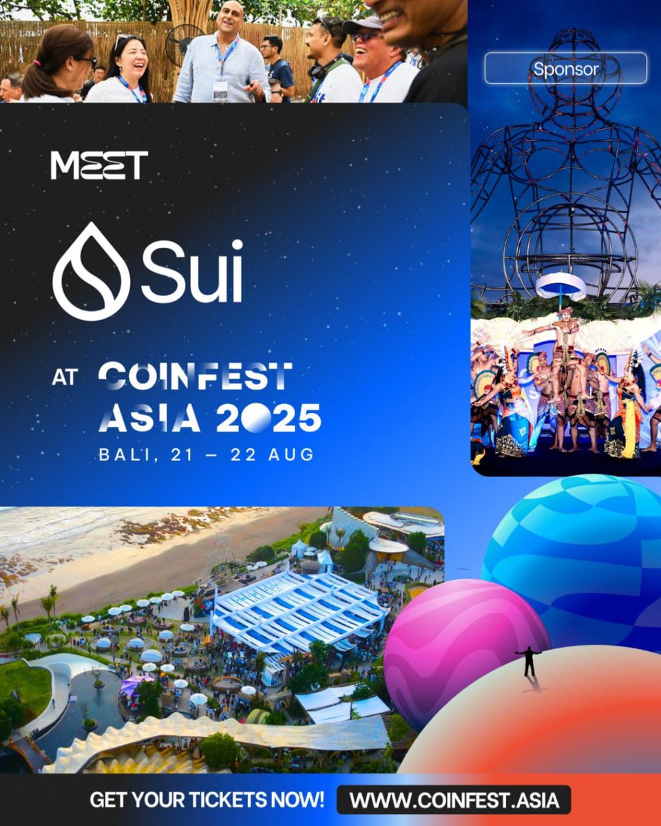 Promotional poster for Sui at Coinfest Asia 2025 featuring event details and vibrant Bali imagery