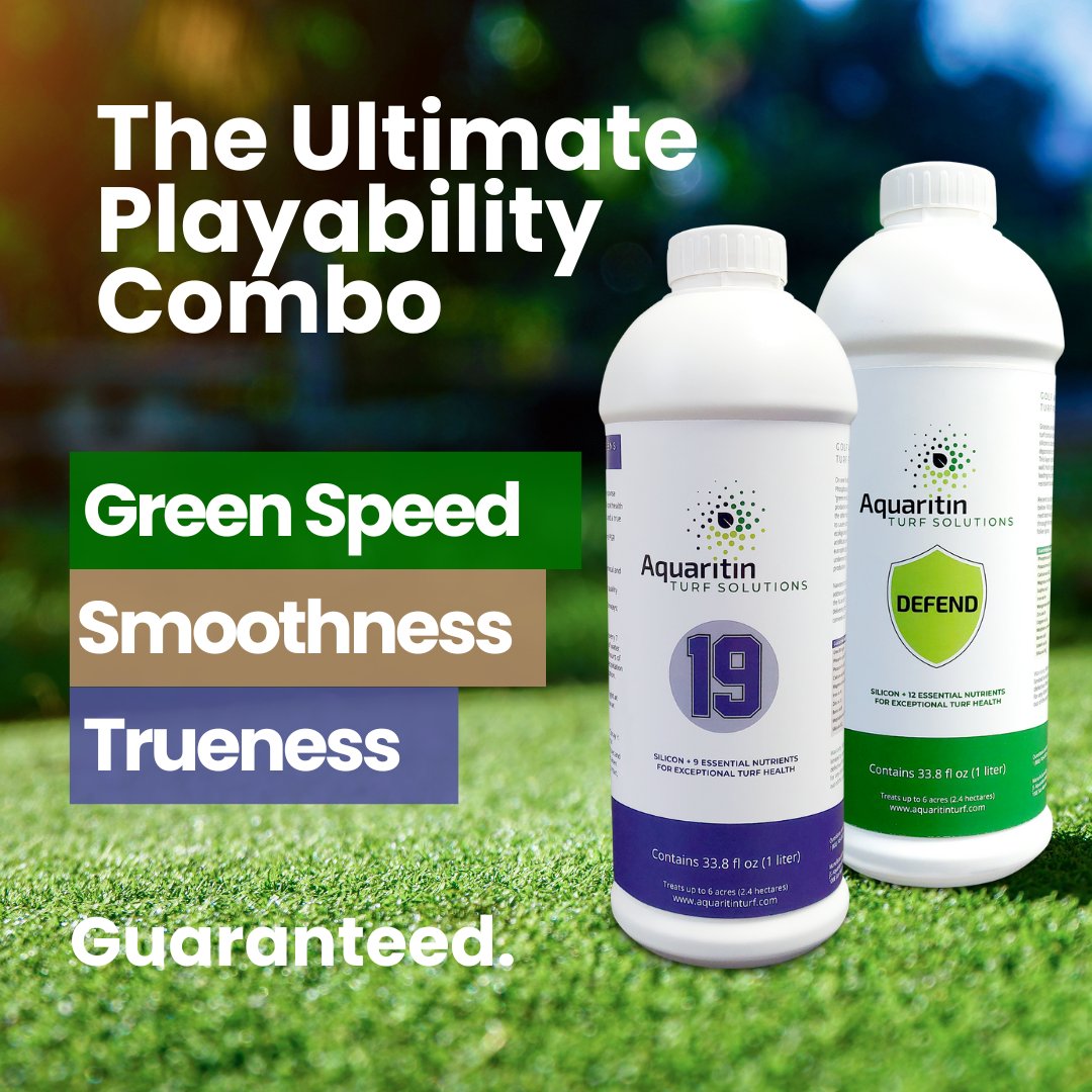 Aquaritin_Turf's tweet photo. “I wanted to let you know how pleased I am with both Aquaritin 19 and Defend.

I have been able to completely eliminate the use of growth regulators on my fairways using 19 at the rate of 6.8oz/acre with an additional product containing Iron every three weeks and enjoying fantastic color with very minimal grass clippings.

On greens, 19 at 8.5oz/acre every two weeks along with growth regulators gives me the same fantastic color and masks growth regulator discoloration to my satisfaction.

I add Defend at the same rate in addition to the 19 for six applications in a row during the highest stress periods with no additional clipping accumulation and reap the benefits of stronger turf that is able to better withstand the abuse of the high amount of play our municipal greens receive.

Aquaritin 19 & Defend perform just as you advertise and after this, my second full season of use on both greens and fairways I am pleasantly impressed that such low use rates and the associated ease of loading are truly possible.”
https://t.co/ClCRWe2ACo