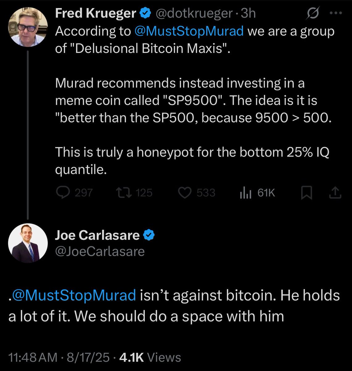 🚨 #SPX6900 HONEYPOT EXPLAINED🍯 The Bitcoin Maxis are catching on to Murad  as shown in this exchange with @dotkrueger & @JoeCarlasare @MustStopMurad  has about 3% of the total supply of SPX6900 meaning