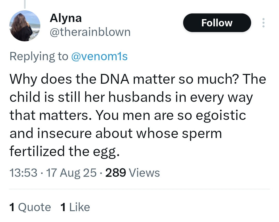 A girl slept with her ex-boyfriend before marriage and got pregnant with his child.

She later married a different man. And look at the reply of this feminist girl.