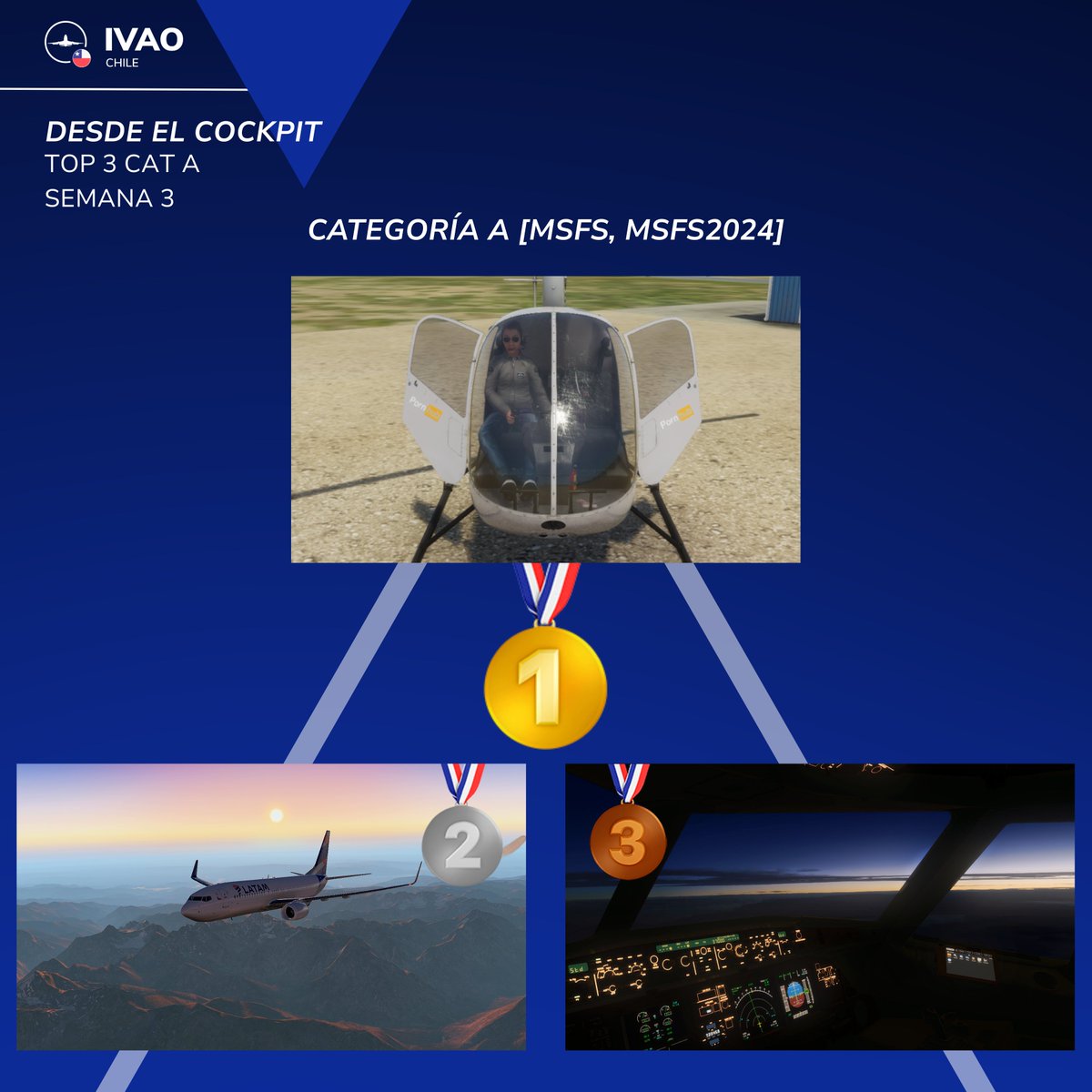 IVAOCL's tweet photo. 📸✈️🎖️ [SEMANA 3]

🔹 ¿CÓMO PARTICIPAR?
- Envía el pantallazo en el canal #sube-tu-captura de nuestro Discord.
- Asegúrate de usar el formato correcto.
- Participa y acumula puntos en la tabla general.

-
-
-

#ivao #ivaocl #chile #sim https://t.co/yLByEIaqaJ