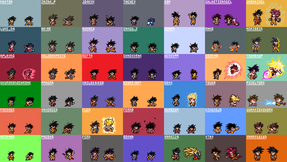 ⚔️Collab time!✨
41 artists united to bring Goku into the style of BASTON, the game by <a href="/TxoriCom/">Etienne</a> 

#pixelart #ドット絵 #DBZ