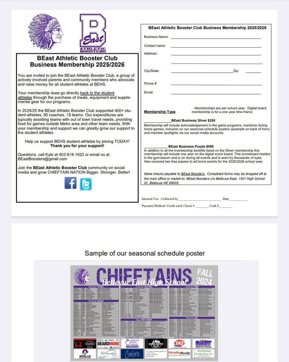 BEast_boosters's tweet photo. Good evening Chieftain Nation. Here is our business sponsorship form if your business would like to help our coaches and student athletes. @ChieftainNation @BEastAthletics_ https://t.co/iPntLx8Mba