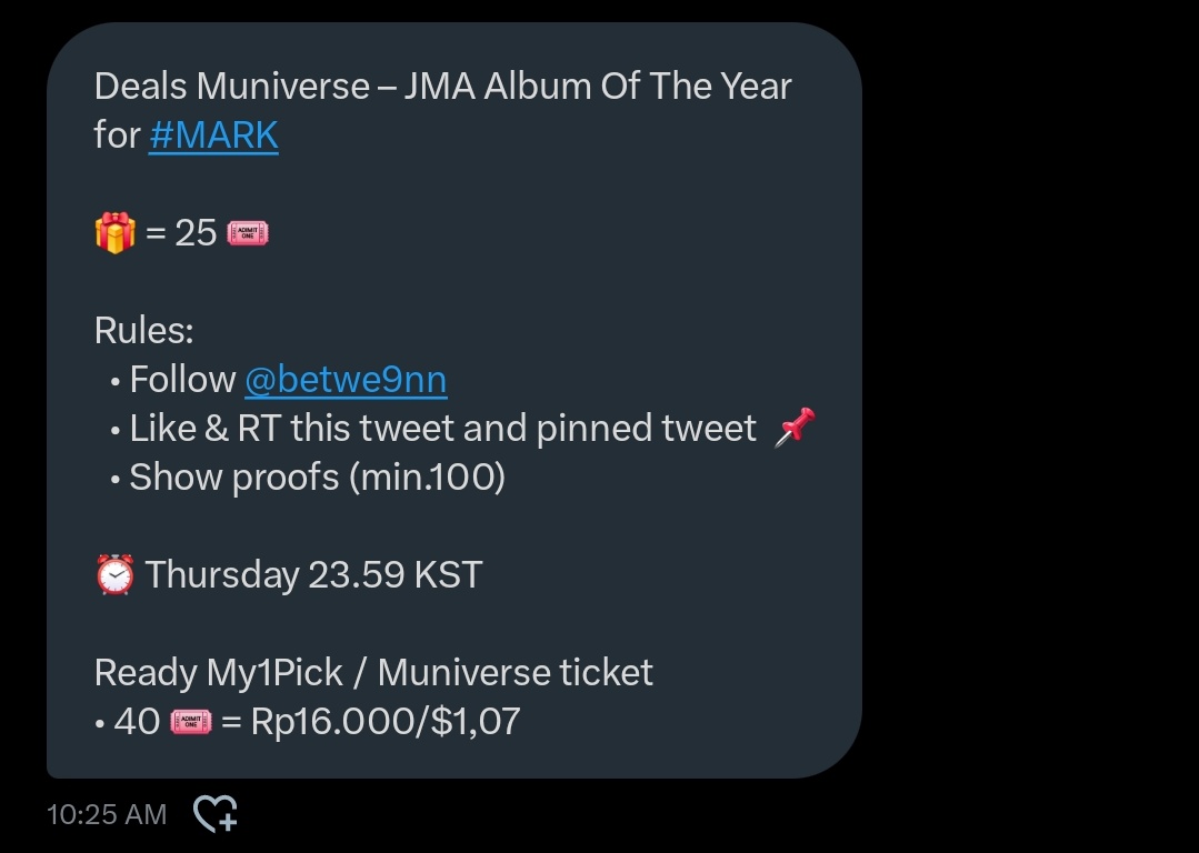 alpinโ
#1st๐ซ (@onyouralpin) on Twitter photo Deals Muniversr โ JMA Album Of The Year
for #MARK
๐ = 25 ๐
Rules
โข Follow <a href="/betwe9nn/">rey | wts mubeat idol champ gold heart my1pick INA</a>
โข Like & RT this tweet and pinned tweet๐
โข Show proofs (min.100)
โฐ๏ธ Thursday 23.59 KST
Ready My1Pick / Munivers ticket
โข 40 ๐ = Rp16.000/$1,07 Deals Muniversr โ JMA Album Of The Year
for #MARK
๐ = 25 ๐
Rules
โข Follow <a href="/betwe9nn/">rey | wts mubeat idol champ gold heart my1pick INA</a>
โข Like & RT this tweet and pinned tweet๐
โข Show proofs (min.100)
โฐ๏ธ Thursday 23.59 KST
Ready My1Pick / Munivers ticket
โข 40 ๐ = Rp16.000/$1,07