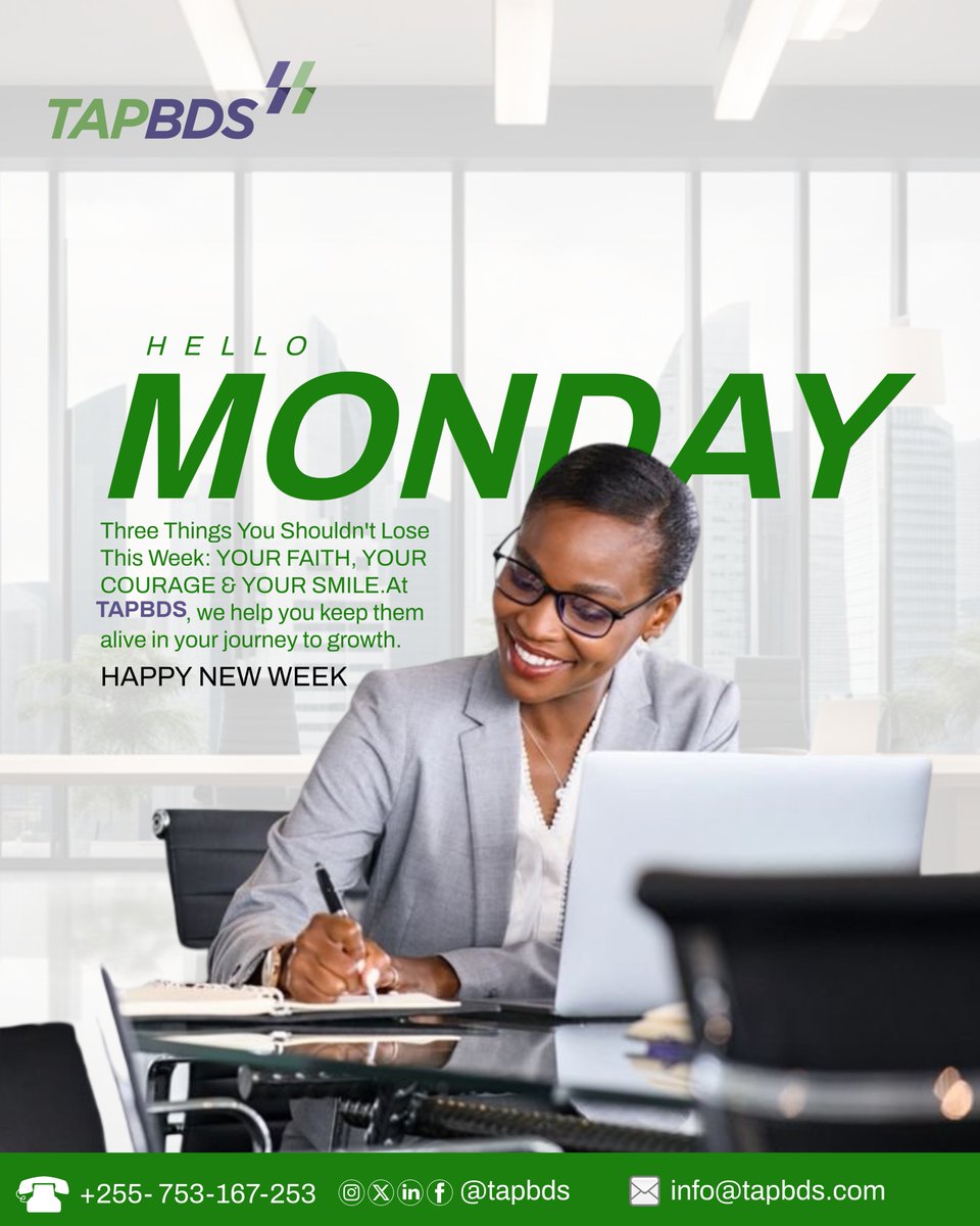 TapbdsLtd's tweet photo. At TAPBDS, we believe great things happen when you start the week with faith, courage, and a smile. 💼🌿 #TAPBDS #MondayMotivation #NewWeekNewGoals #BusinessGrowth #Inspiration #Courage #Faith #KeepSmiling https://t.co/bx5HzziKEy