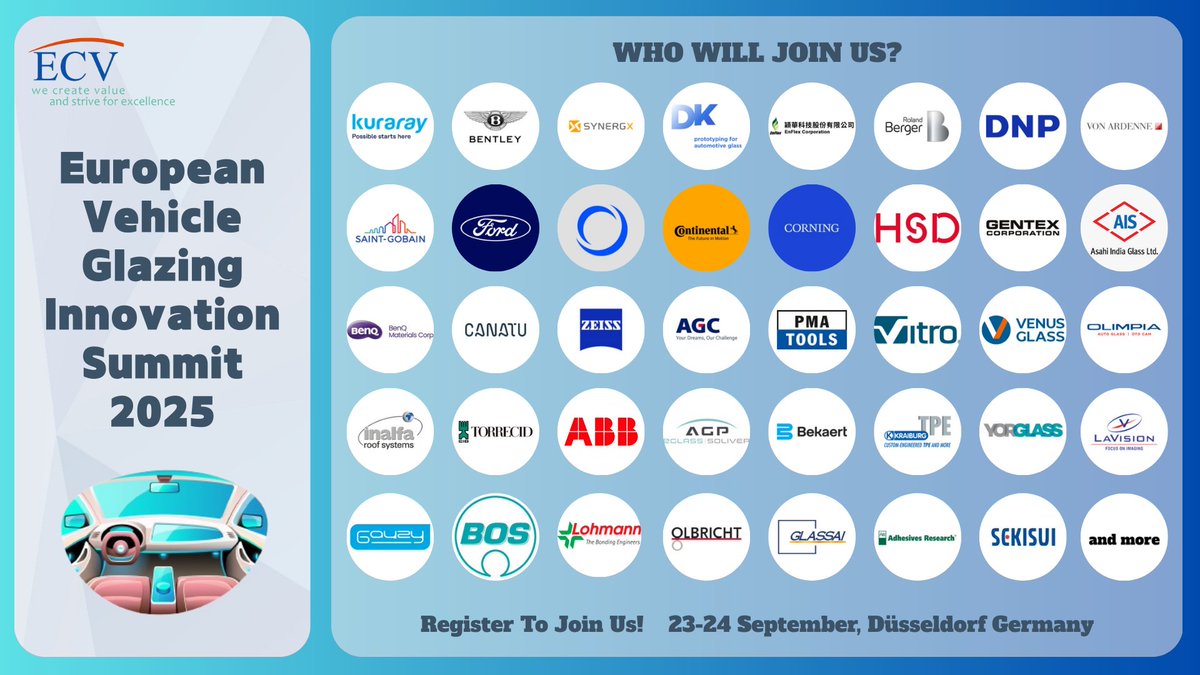 ECV_International (@ecv_int) on Twitter photo π#European #VehicleGlazing Innovation #Summit 2025 | September 23-24, Germany!  
βΈ 15+ cutting-edge #automotive #glass presentations;
βΈ 100+ in-depth meetings with #automotiveglass executives;
πPlease Click ecv-events.com/EVGIS2025?cci=β¦ to learn more & register.
#SmartGlass π#European #VehicleGlazing Innovation #Summit 2025 | September 23-24, Germany!  
βΈ 15+ cutting-edge #automotive #glass presentations;
βΈ 100+ in-depth meetings with #automotiveglass executives;
πPlease Click ecv-events.com/EVGIS2025?cci=β¦ to learn more & register.
#SmartGlass