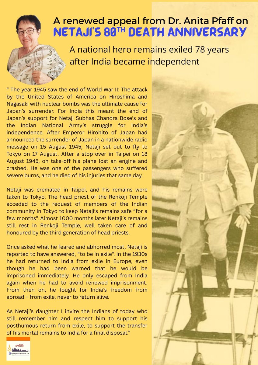 shaibalgiri's tweet photo. 80 yrs after Taihoku, Netaji remains in exile. Dr. Anita Pfaff appeals: bring his remains home from Renkoji Temple. Politics delays truth. Let the people act. #Netaji80 #BringNetajiHome @abpanandatv @Zee24Ghanta @News18Bangla @tv9bangla @kolkatatvonline @RPlusNews @BartamanOnline https://t.co/PA7g4FWB4z