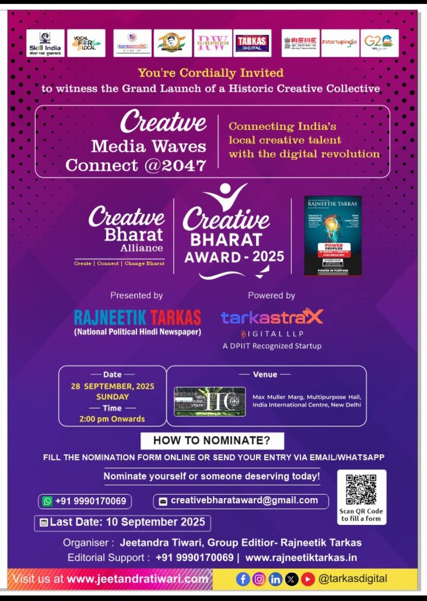 👉 “जब भारत को #CreativeMediaPowerhouse बनाना इतना ज़रूरी है,
तो यह होगा – चाहे हालात कितने भी चुनौतीपूर्ण क्यों न हों।”
— Jeetandra Tiwari
Founder &amp; Creative Strategist, Tarkastrax Digital

#creativemediawavesconnect2047
#creativebharataward
#rajneetiktarkas #tarkastraxstartup