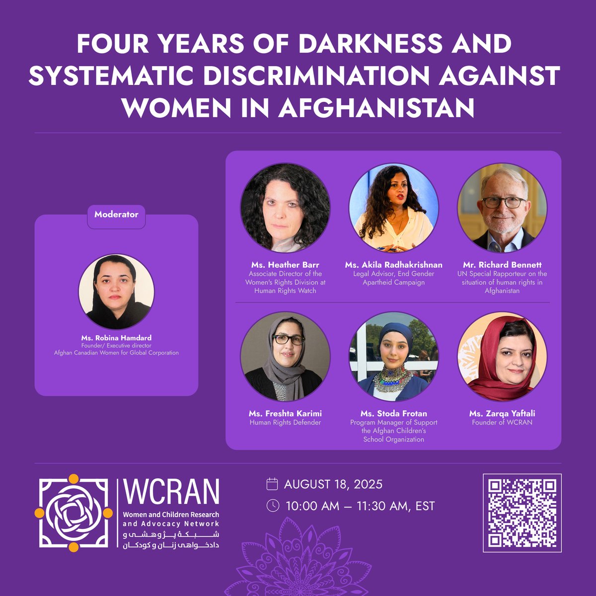 کمیته دادخواهی شبکه پژوهشی و دادخواهی زنان و کودکان وبیناری تحت عنوان "چهار سال تاریکی و تبعیض سیستماتیک علیه زنان در افغانستان" به تاریخ 27 اسد سال جاری از ساعت 6:30 الی 8:00 شب برگزار می کند. در این برنامه، فشرده از یافته ها و پیشنهادات پژوهش اخیر شبکه ارایه شده و سپس دلایل