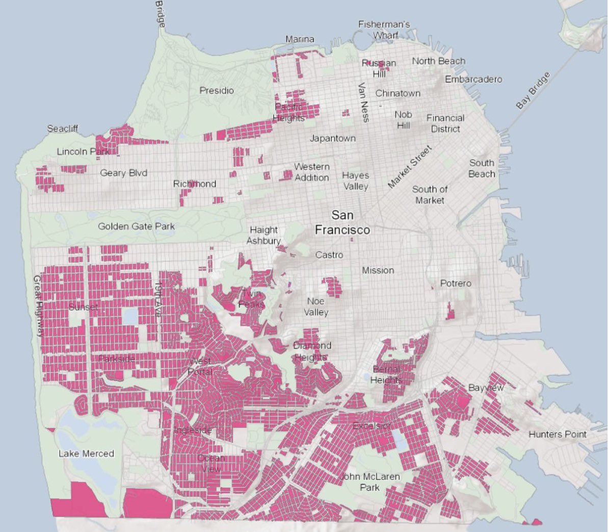 Pink shows the parts of San Francisco zoned for single family homes.

I don’t think I’ve ever seen a map of an American city that showed a bigger failure of governance.