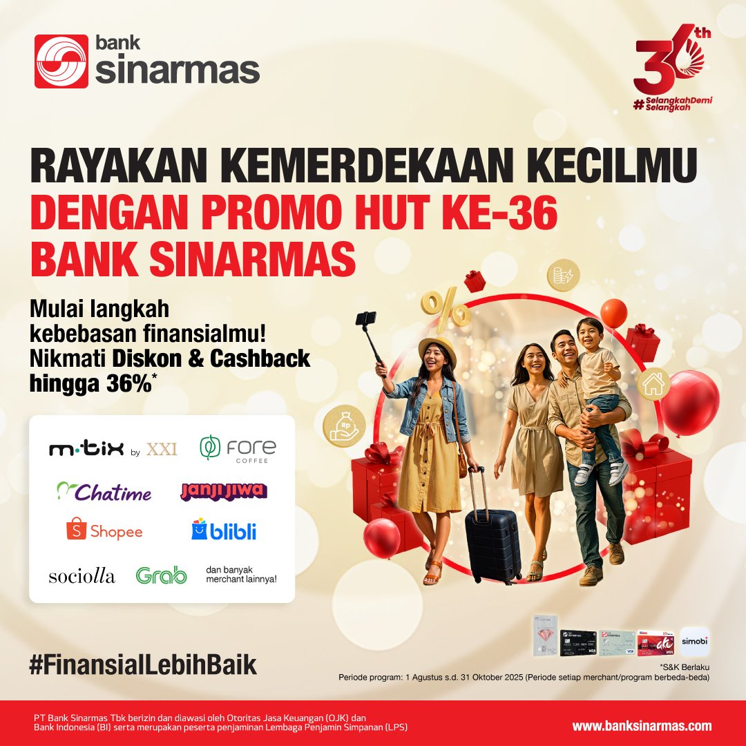 rayain #KemerdekaanKecil bareng promo di #HUT36BankSinarmas bikin makin happy..
co barang kebutuhan di shopee, beli kopi, nonton bioskop auto ada diskon dan cashback hingga 36%
riil bisa merdeka scr finansial kalo ini mah 🤩😍

cekidot sini deh 👇
bsim.id/hut36-promodis…