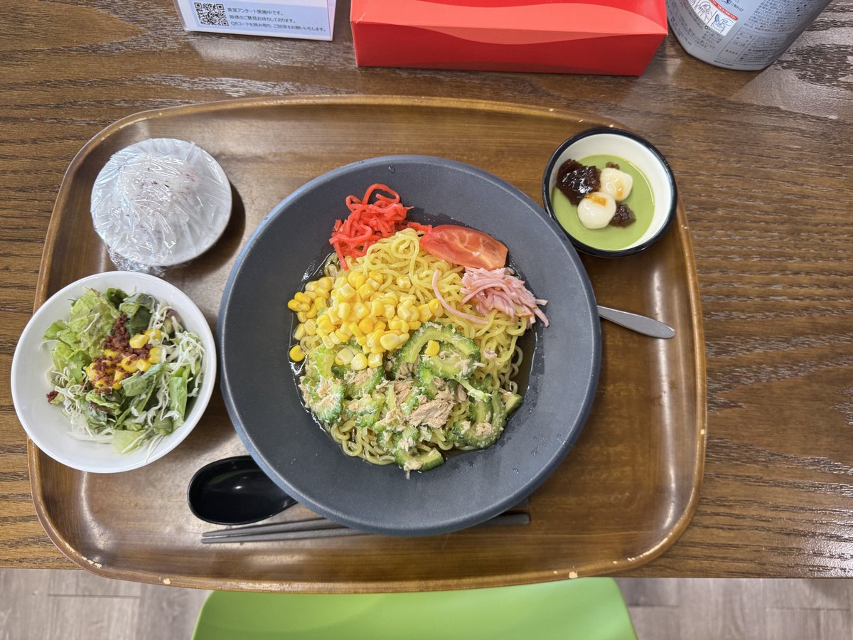 ゴーヤとツナの冷やし中華、サラダ、ゆかりおにぎり、豆乳抹茶プリン。
#お昼ごはん