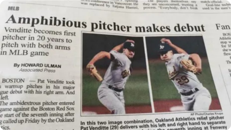 The headline for this article about a pitcher who could throw with either arm will never not make me laugh.
