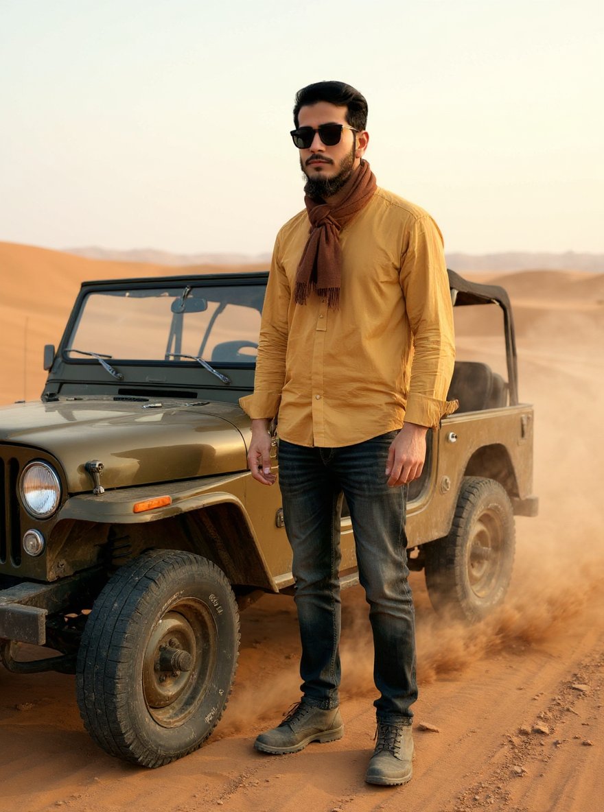 Promptopia4's tweet image. Person standing beside an old jeep parked on a desert trail, sunglasses on, scarf tied around neck, rugged boots, dusty wind blowing, wide horizon stretching far, cinematic adventure style, no face change.
#zonauang