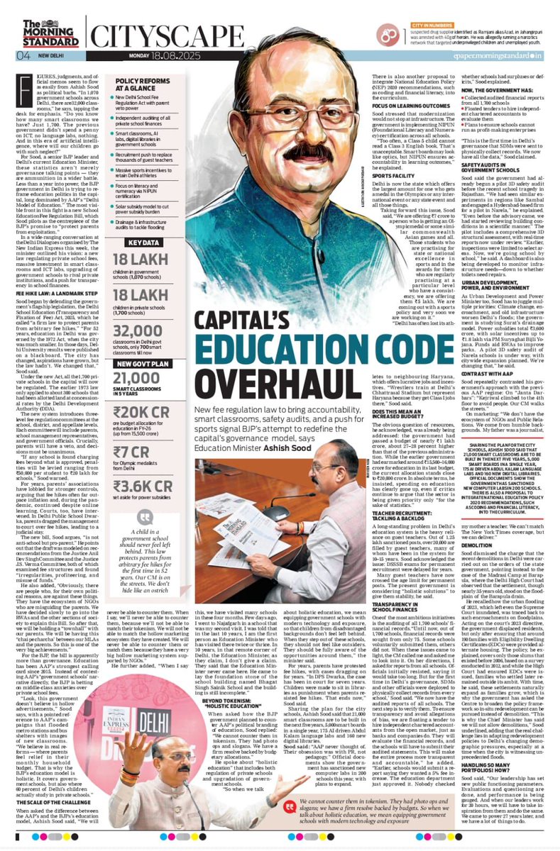 ashishsood_bjp's tweet photo. My interview with The New Indian Express reflects our government’s holistic vision for Delhi’s education sector covering regulation of arbitrary school fees, modernisation of classrooms with technology, safety audits, promotion of sports and transparency in school finances.

Inspired by PM Shri @narendramodi ji’s vision under NEP 2020 and under the leadership of CM Smt. @gupta_rekha ji, we are determined to redefine governance in Delhi’s education making it accountable, modern and student centric.

Our goal is clear. Empower parents, support teachers and give every child in Delhi the tools to dream and achieve.

Link to the interview:
https://t.co/0MehvLuQ94

#EducationNotBussiness

@blsanthosh 
@dpradhanbjp