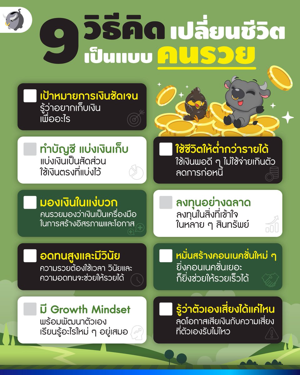 MoneyBuffaloTH's tweet photo. 9 วิธีคิดแบบคนรวย | Money Buffalo
คนมันจะรวย มันก็ต้องรวยมาจากข้างใน จริงป่าวววว งั้นวันนี้พี่ทุยเอ�� 9 วิธีคิดที่เปลี่ยนชีวิตให้เป็น "คนรวย" มาฝากครับ บอกเลยว่าไม่ใช่แค่เรื่องเงิน แต่เป็นเรื่องของ Mindset ล้วน ๆ 🐃💰
#คนรวย #ความคิด #จิตวิทยาการเงิน #ลงทุน #จัดการเงิน #Mindset https://t.co/3rw2bAPLTR