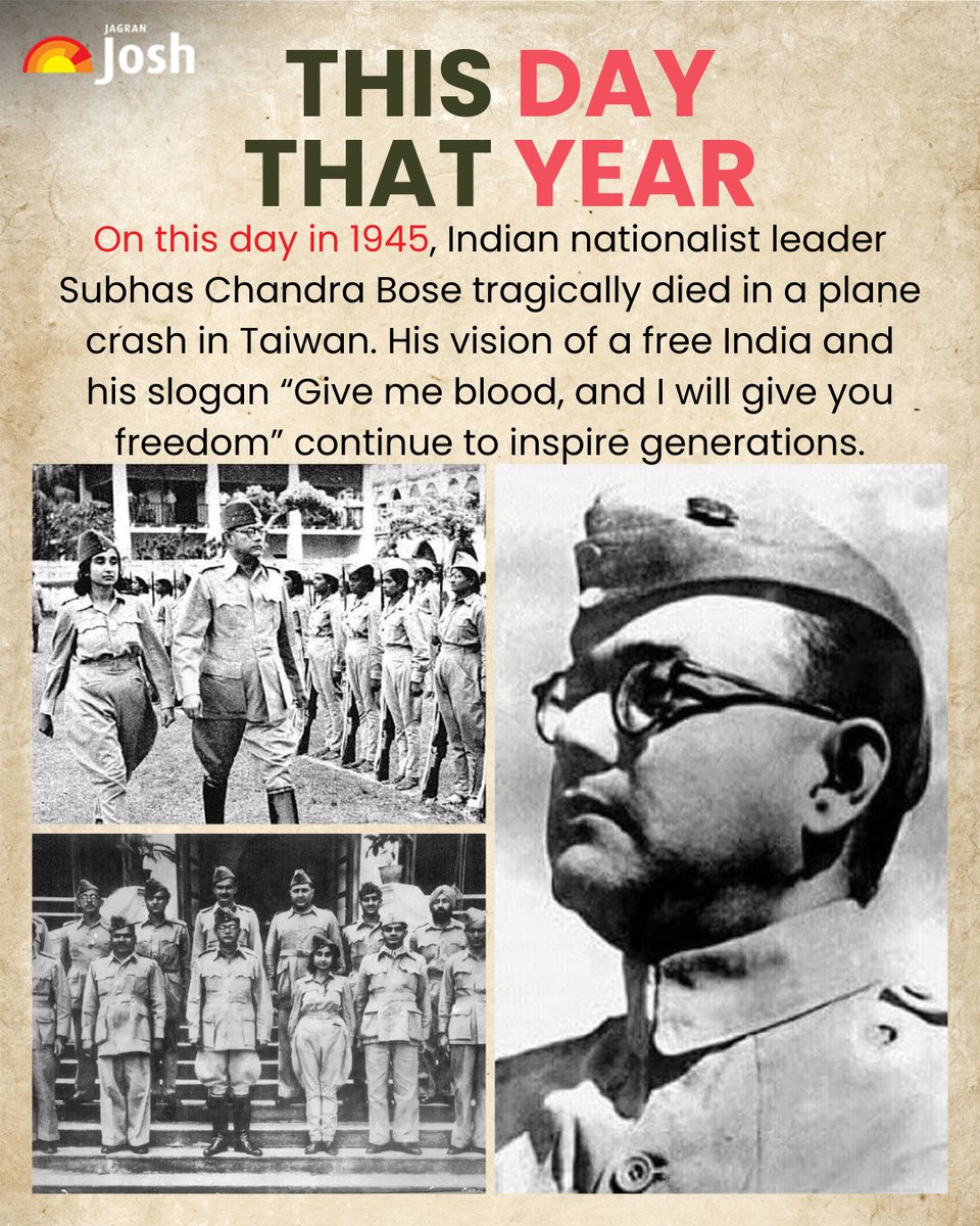 Jagranjosh's tweet image. On this day in 1945, India lost Netaji Subhas Chandra Bose in a plane crash in Taiwan. His courage, vision, and call “Tum mujhe khoon do, main tumhe azadi dunga” continue to inspire generations.

#OnThisDay #Netaji #SubhasChandraBose #FreedomStruggle #Azadi #Patriotism