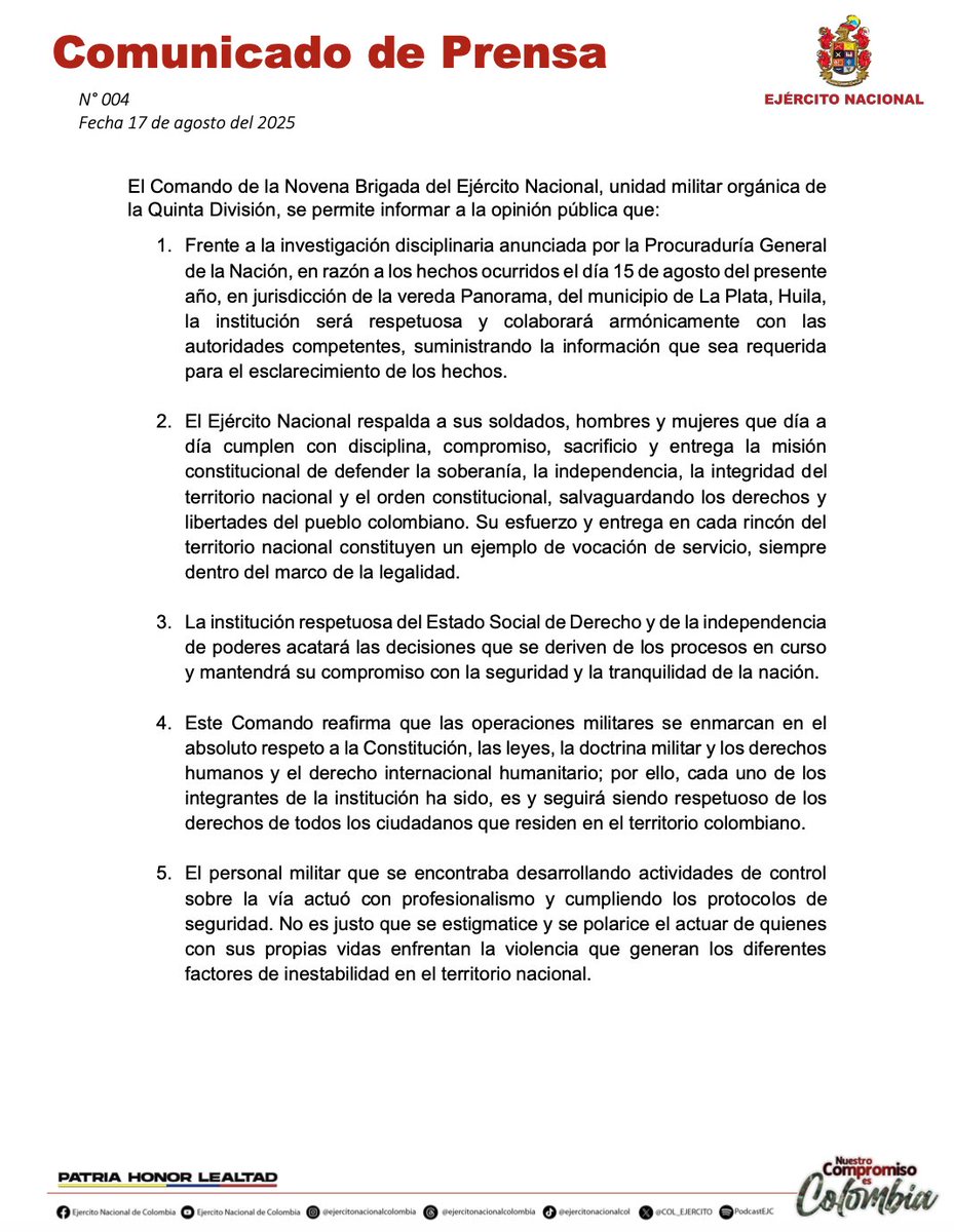 Ejército Nacional de Colombia (@col_ejercito) on Twitter photo #ComunicaciónOficial | El Comando de la #NovenaBrigada del Ejército Nacional, unidad militar orgánica de <a href="/Ejercito_Div5/">Quinta División del Ejército Nacional</a>, se permite informar a la opinión pública que:
#PatriaHonorLealtad #ComunicaciónOficial | El Comando de la #NovenaBrigada del Ejército Nacional, unidad militar orgánica de <a href="/Ejercito_Div5/">Quinta División del Ejército Nacional</a>, se permite informar a la opinión pública que:
#PatriaHonorLealtad