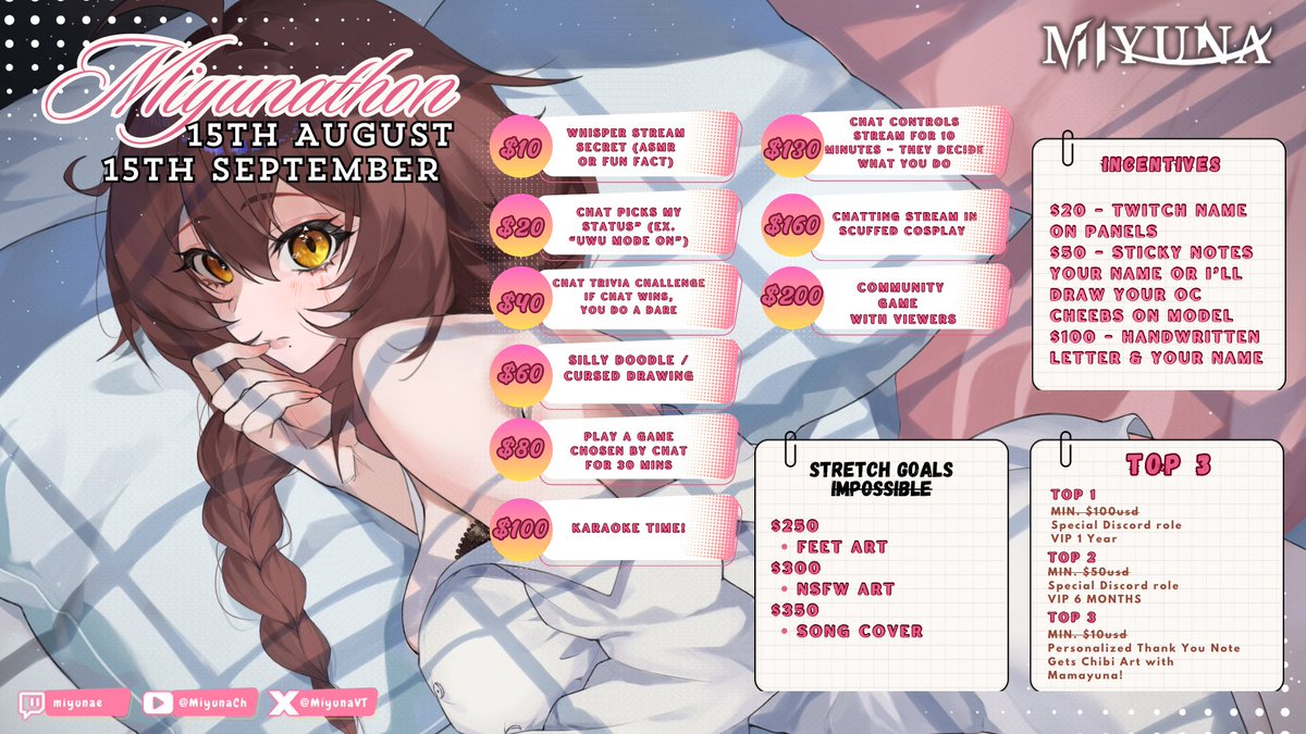 Hi!! I’ll be doing donothon tonight ~ I’ll stream on usual time 9PM GMT+8 , maybe at least the end of the donothon, i could give myself gift kewk jk but if have extra molah 

Donation goes to make over room (will take a pic dw!!) and pay pendings🤍 keep for vtubing stuffs’