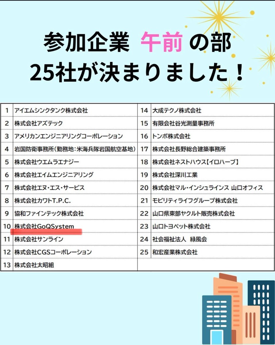 GoQSystemPR's tweet photo. 【お知らせ】
いわくに企業合同就職フェアに参加します🥳
8月22日（金）10:00～
会場：岩国市役所 1階多目的ホール

仕事のこと、会社のこと、なんでも聞いてください！
「ちょっと気になるな～」くらいでも大歓迎です‼️
ぜひ会いに来てくださいね！
#就活 #岩国 #企業フェア #話だけでもOK https://t.co/1va7gawFNr