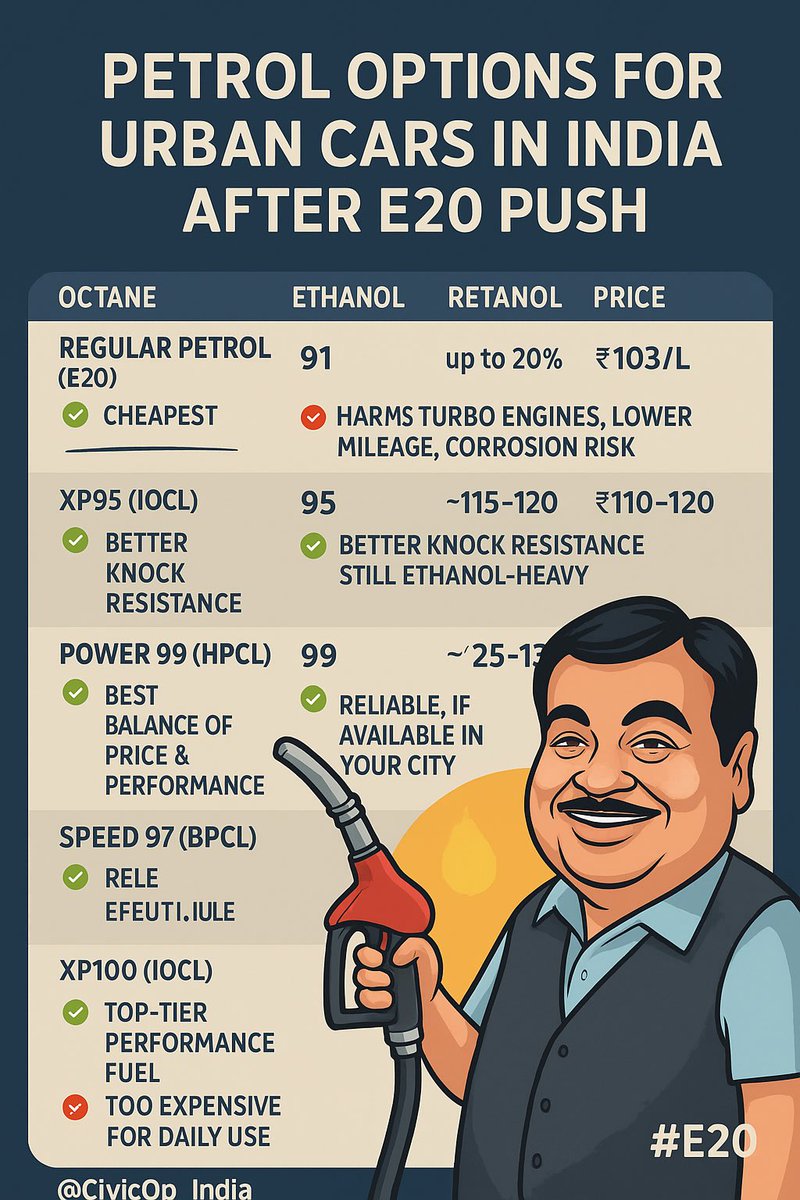 CivicOp_india's tweet photo. 🚗💨 Petrol options for urban cars in India after E20 push

1️⃣ Regular Petrol (E20)
Octane: 91 | Ethanol: up to 20% | Price: ~₹103/L
✅ Cheapest
❌ Harms turbo engines, lower mileage, corrosion risk

2️⃣ XP95 (IOCL)
Octane: 95 | Ethanol: ~15% | Price: ₹110–120/L
✅ Better knock resistance
❌ Still ethanol-heavy

3️⃣ Power 99 (HPCL)
Octane: 99 | Ethanol: ~0–5% | Price: ₹125–135/L
✅ Best balance of price & performance
✅ Safer for turbo petrol cars

4️⃣ Speed 97 (BPCL)
Octane: 97 | Ethanol: ~0–5% | Price: ₹120–130/L
✅ Reliable, if available in your city

5️⃣ XP100 (IOCL)
Octane: 100 | Ethanol: ~0–5% | Price: ~₹160/L
✅ Top-tier performance fuel
❌ Too expensive for daily use

⚠️ With E20 rollout, urban car owners should avoid regular petrol for long-term engine health.

👉 Best bets: HP Power 99 / BPCL Speed 97 for performance cars.
👉 XP100 only for enthusiasts.

#E20 #Petrol #IndiaCars #E20Petrol