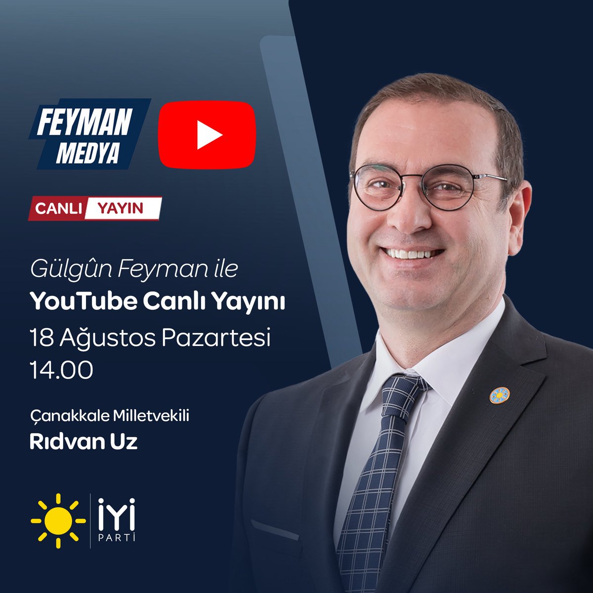 Çanakkale Milletvekilimiz Sayın Rıdvan Uz <a href="/ridvanuz17/">Rıdvan UZ</a>;

🗓 18 Ağustos Pazartesi (bugün)
⏰ 14.00'te 
📺 Gülgûn Feyman'ın YouTube kanalına konuk oluyor.

Sizleri de ekran başına bekliyoruz.👍🏻