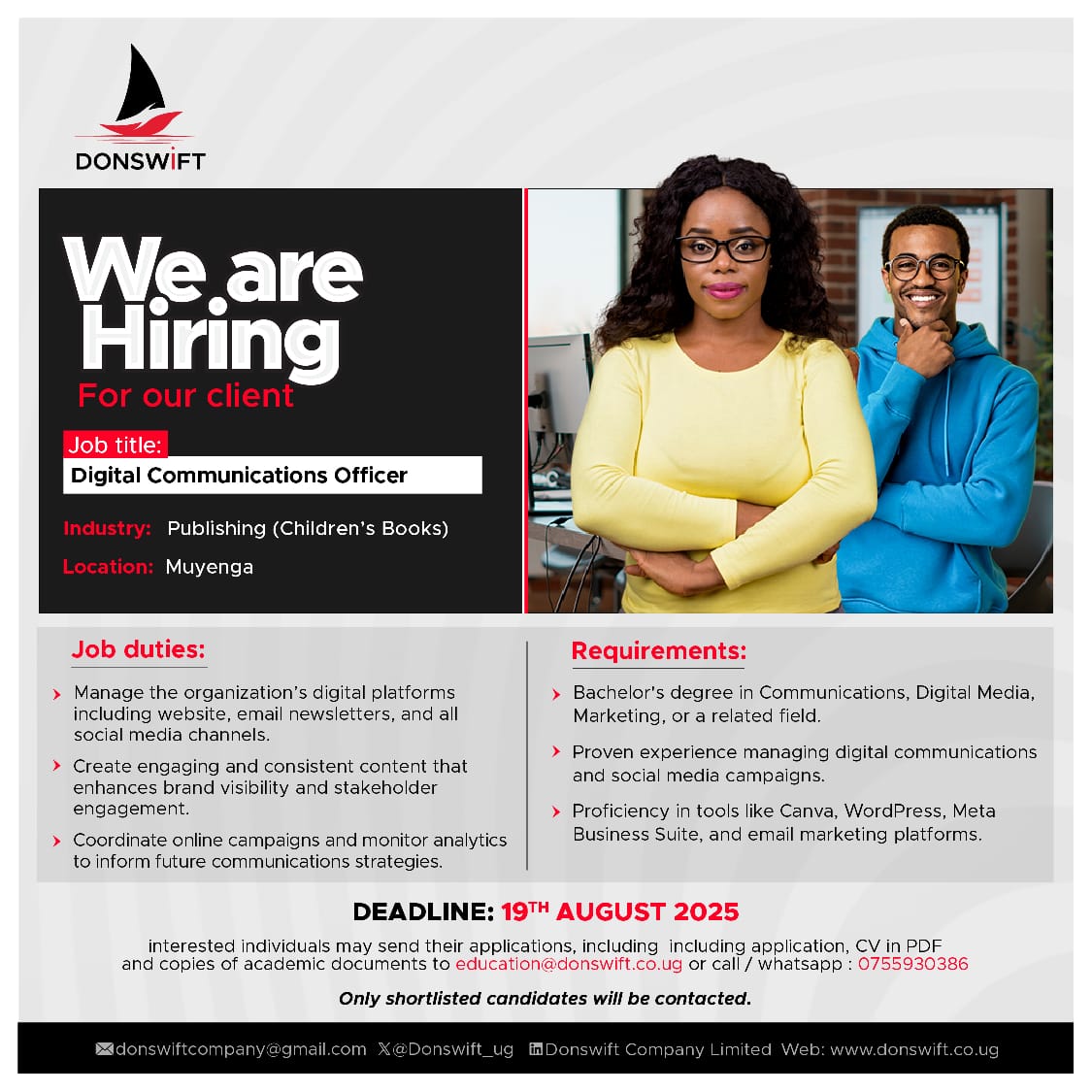 Donswift_ug's tweet image. 🗣️Deadline Extended; 19th August ,2025

• Marketing &amp;amp; Sales Lead
• Grants &amp;amp; Partnership Manager
• Business Development &amp;amp; Strategy Officer
• Digital Communications Officer

Don’t miss your chance ... APPLY NOW! 

#Jobs #Donswift