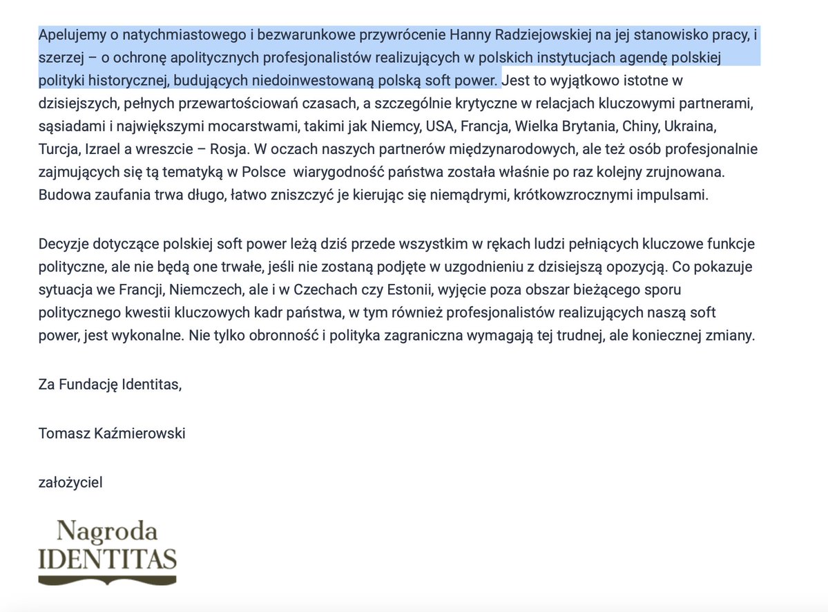 Jan Pawlicki 🇵🇱 (@jan_pawlicki) on Twitter photo ‼️List otwarty <a href="/FundacjaIdenti1/">Fundacja Identitas</a> w obronie <a href="/HRadziejowska/">Hanna Radziejowska</a>👇👇👇W grudniu 2023 roku Hanna Radziejowska została laureatką Nagrody Specjalnej Identitas.
"Apelujemy o natychmiastowe i bezwarunkowe przywrócenie Hanny Radziejowskiej na jej stanowisko pracy, i szerzej – o ochronę ‼️List otwarty <a href="/FundacjaIdenti1/">Fundacja Identitas</a> w obronie <a href="/HRadziejowska/">Hanna Radziejowska</a>👇👇👇W grudniu 2023 roku Hanna Radziejowska została laureatką Nagrody Specjalnej Identitas.
"Apelujemy o natychmiastowe i bezwarunkowe przywrócenie Hanny Radziejowskiej na jej stanowisko pracy, i szerzej – o ochronę