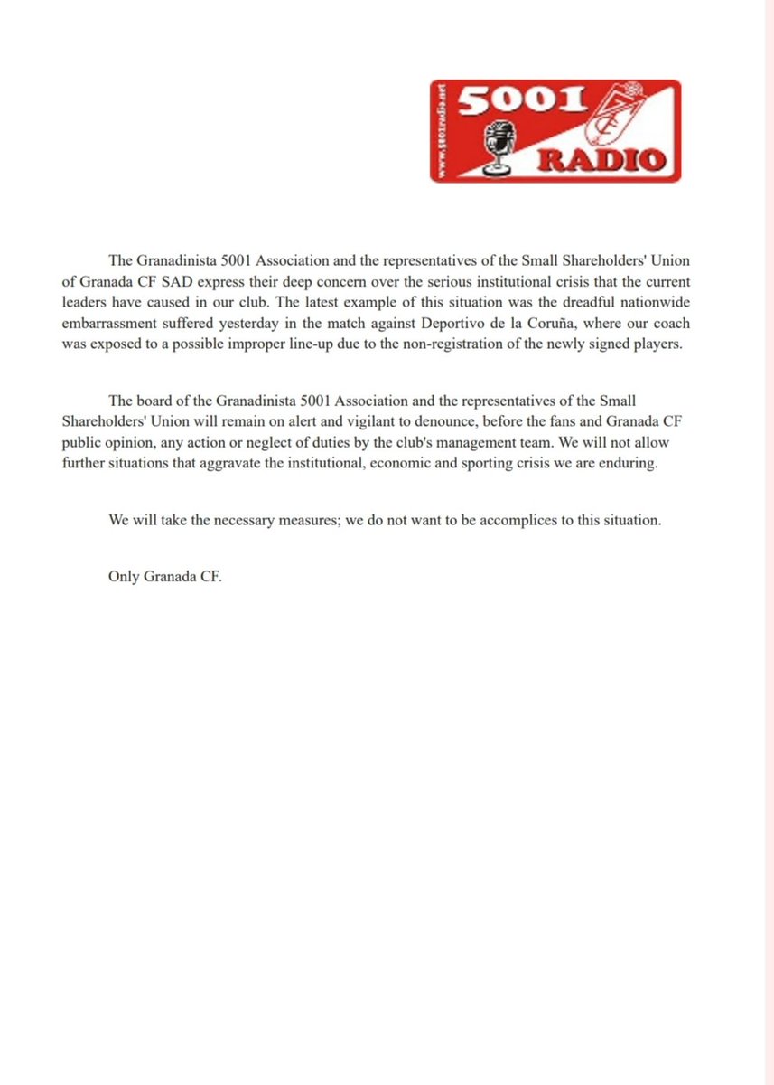 The Granadinista 5001 Association and the representatives of the Small Shareholders' Union
of Granada CF SAD...