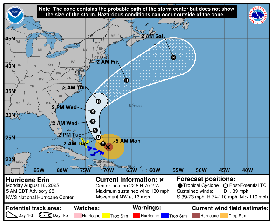 NWSMoreheadCity's tweet photo. 8/18/25 - 530am: Hurricane Erin has once again strengthened overnight, and is a very powerful Category 4 storm. Despite the storm still forecast to remain offshore, impacts will be extremely dangerous for parts of Coastal Eastern North Carolina. https://t.co/LuS8zaneqE