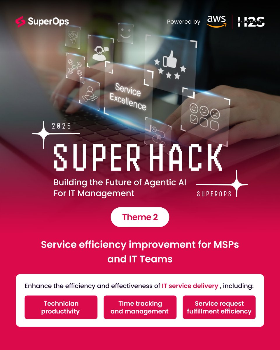 hack2skill's tweet image. At SuperHack 2025, you will take on challenges that truly matter. From driving operational efficiency, boosting service delivery to unlocking growth for MSPs and IT teams.

Register now to participate: bit.ly/SuperHack2025

#Superhack #SuperOps #Hackathon