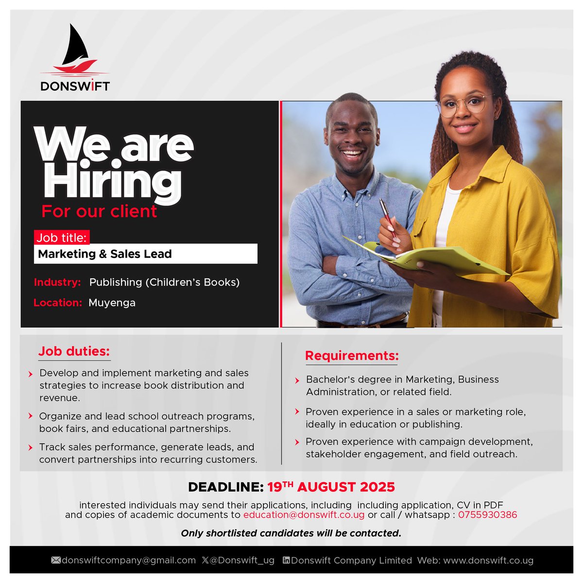 Donswift_ug's tweet image. 🗣️Deadline Extended; 19th August ,2025

• Marketing &amp;amp; Sales Lead
• Grants &amp;amp; Partnership Manager
• Business Development &amp;amp; Strategy Officer
• Digital Communications Officer

Don’t miss your chance ... APPLY NOW! 

#Jobs #Donswift