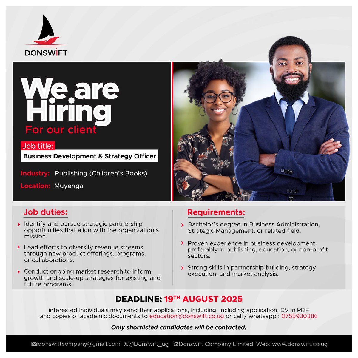 Donswift_ug's tweet image. 🗣️Deadline Extended; 19th August ,2025

• Marketing &amp;amp; Sales Lead
• Grants &amp;amp; Partnership Manager
• Business Development &amp;amp; Strategy Officer
• Digital Communications Officer

Don’t miss your chance ... APPLY NOW! 

#Jobs #Donswift