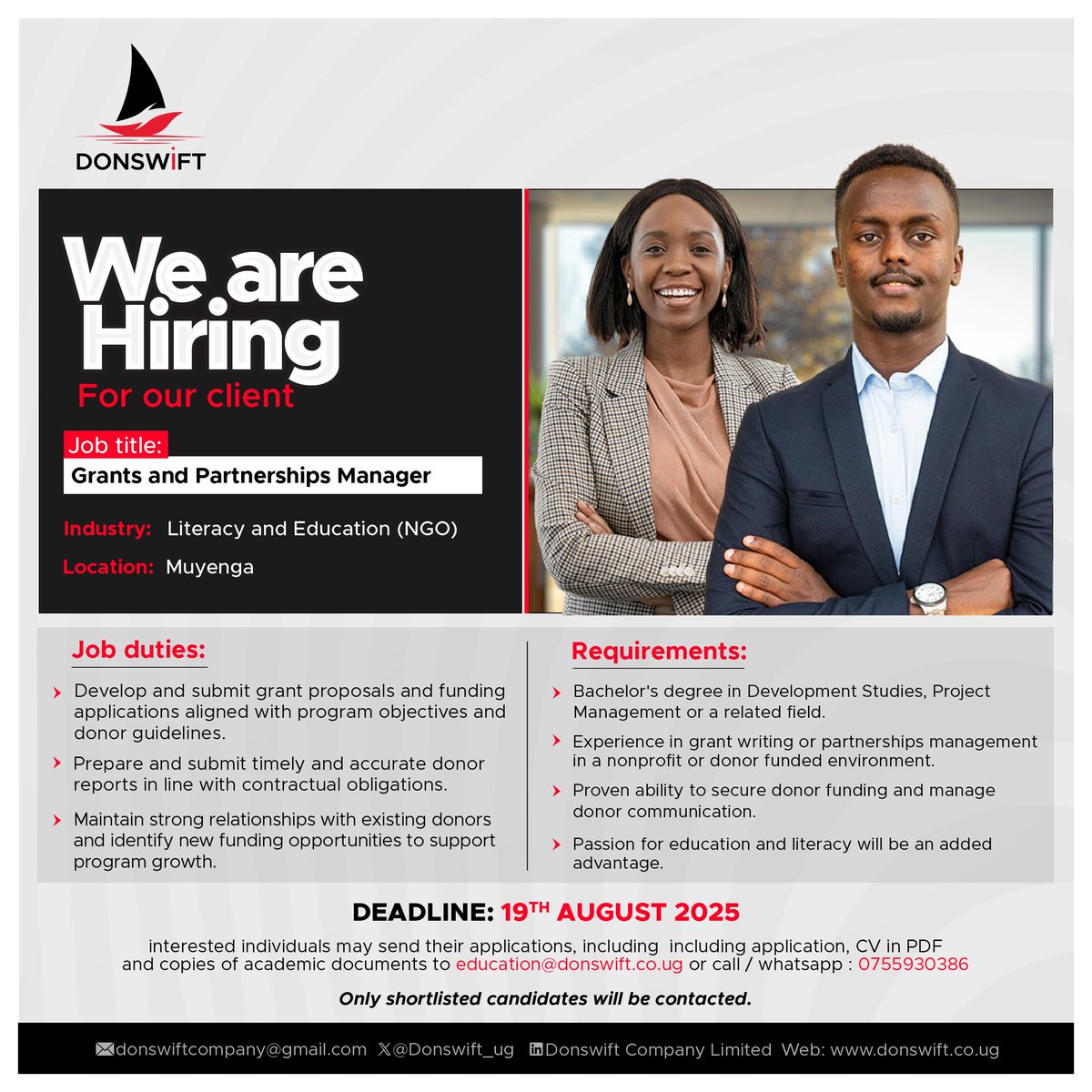 Donswift_ug's tweet image. 🗣️Deadline Extended; 19th August ,2025

• Marketing &amp;amp; Sales Lead
• Grants &amp;amp; Partnership Manager
• Business Development &amp;amp; Strategy Officer
• Digital Communications Officer

Don’t miss your chance ... APPLY NOW! 

#Jobs #Donswift