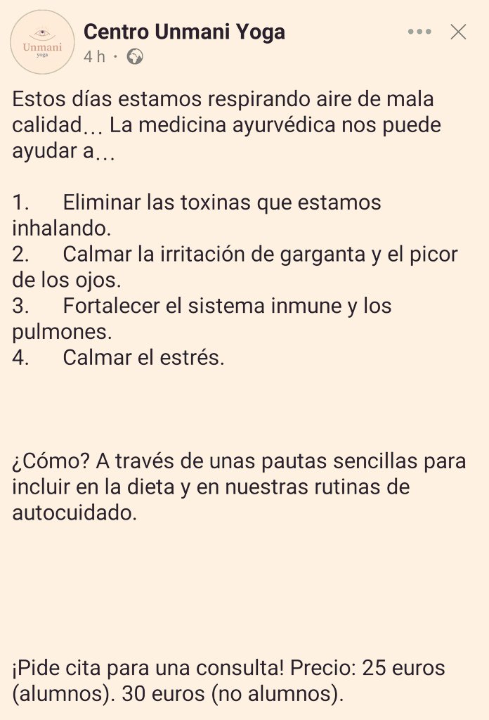 vaiconDios's tweet image. También las #pseudoterapias se aprovechan de los #IncendiosForestales. Aquí, un centro de #yoga de #Zamora que publicita cómo &quot;la medicina ayurvédica nos puede ayudar&quot;. Y propone: &quot;¡Pide cita para una consulta!&quot;. Típico: lenguaje médico para confundir 😨
#StopPseudociencias 
👇🏻