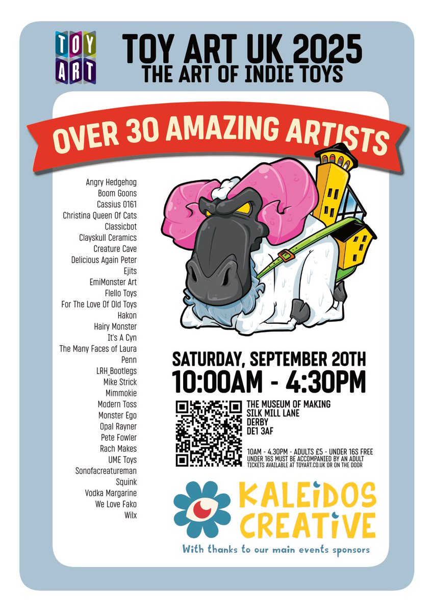 Toy Art UK 2025 

The UK’s biggest designer toy &amp; art toy event! 

eventbrite.co.uk/e/toy-art-uk-2…

📍 Italian Mill, Derby
📅 Sat 20 Sept 2025
🎟️ Tickets required

Meet artists, discover rare collectibles.

#ToyArtUK #DesignerToys #ArtToys #ToyCollectors #DerbyEvents