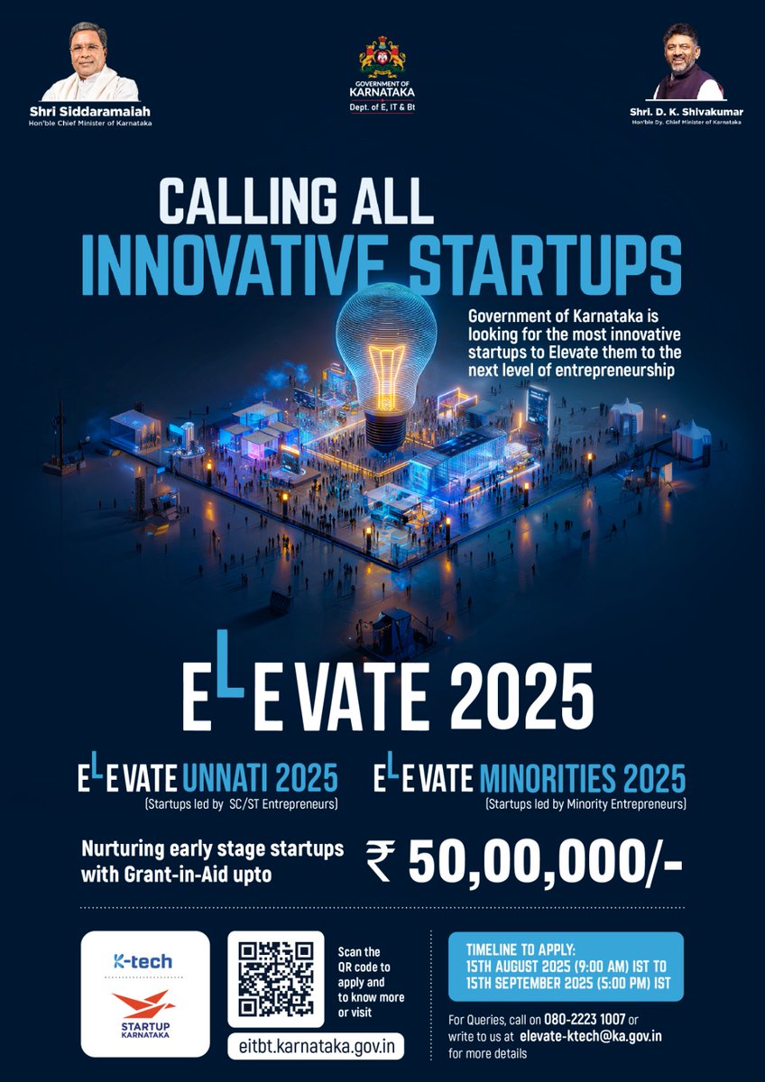 IIScQuanTech's tweet image. We’re excited to announce that the KITS @ITBTGoK has officially launched:
✅ ELEVATE UNNATI 2025 – for startups promoted by SC/ST entrepreneurs
✅ ELEVATE MINORITIES 2025 – for startups promoted by Minority entrepreneurs

More details click here:  l1nq.com/0fdxZ