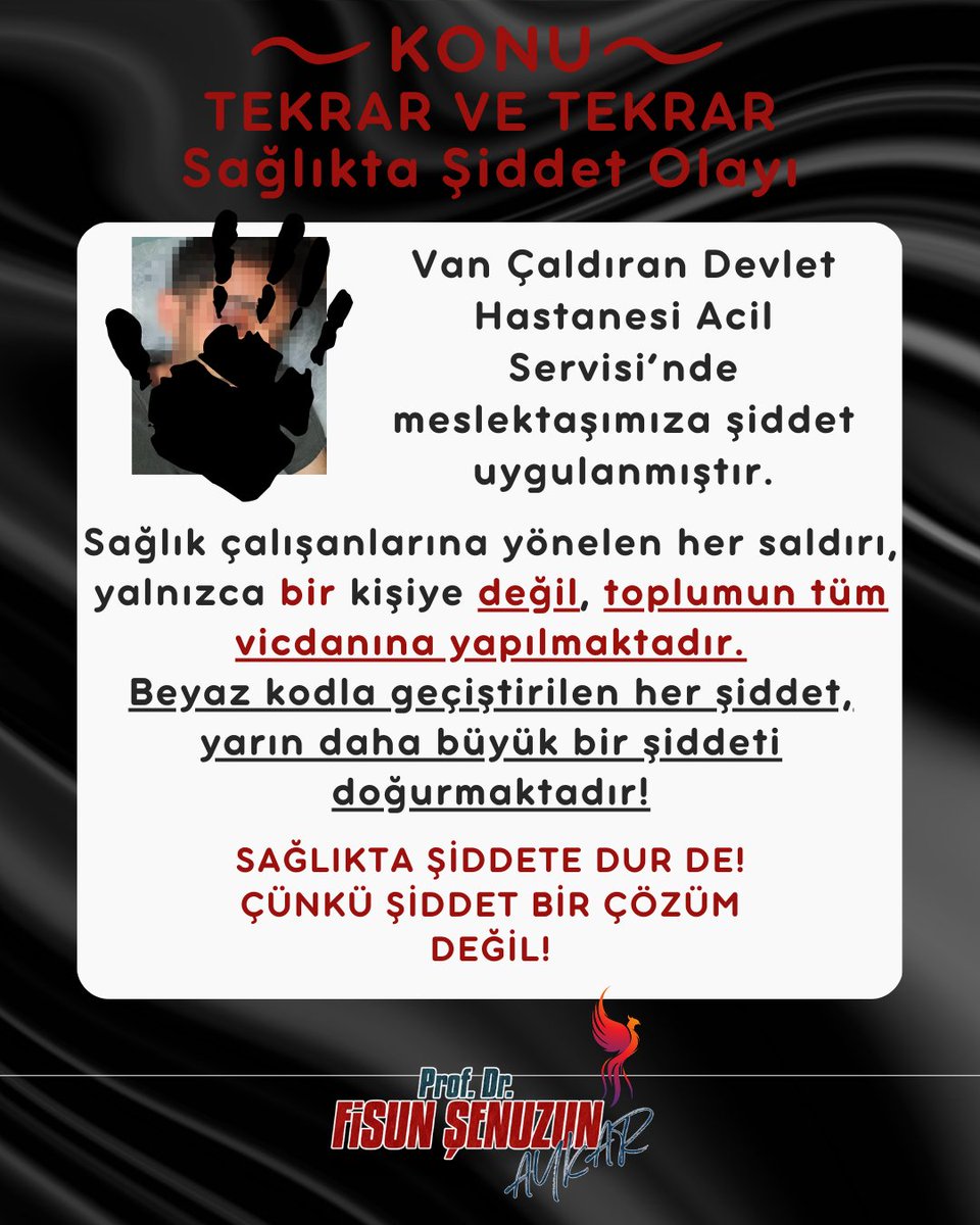 Van Çaldıran Devlet Hastanesi'nde yaşanan olay, bir kere yaşanmadı, on kere, elli kere veya yüzlerce kere yaşanmadı. Duyduğumuz ya da duymadığım binlerce sağlıkta şiddet vakası yaşanıyor! #sağlıktaşiddetehayır
Sağlıkta şiddete DUR de❗
#sağlıktaşiddetsonaersin #şiddetsonaersin