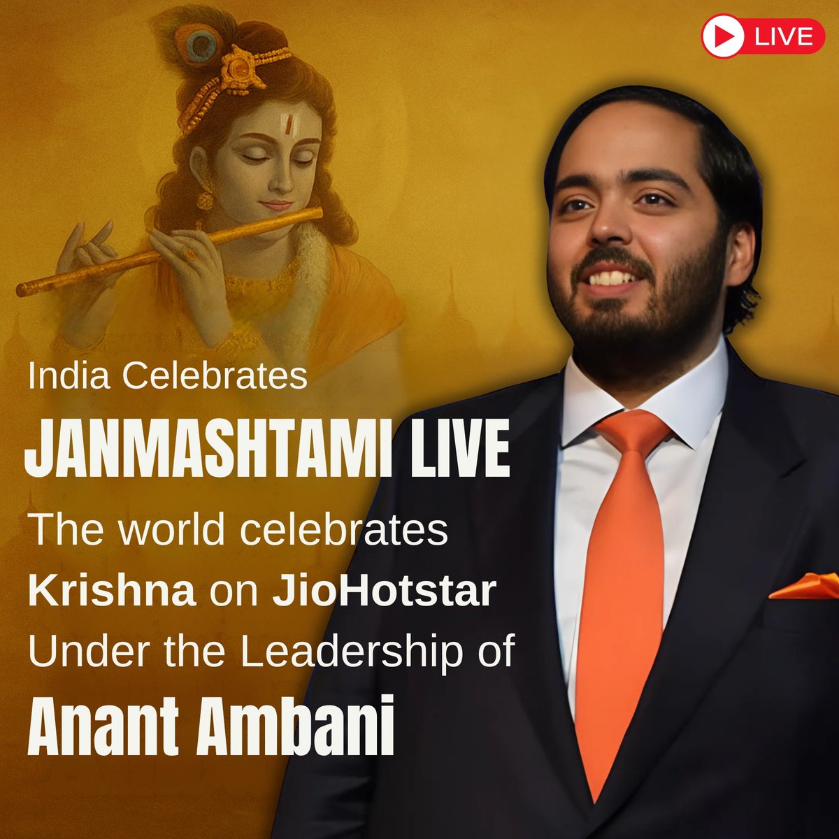 Millions are celebrating Janmashtami LIVE on JioHotstar with performances by Sonu Nigam &amp; Shaan, and darshans from temples worldwide. Tradition meets tech, guided by Anant Ambani’s vision🙏🇮🇳

#JanmashtamiLive #IndiaCelebratesKrishna #AnantAmbani #JioHotstar #UnityInDevotion