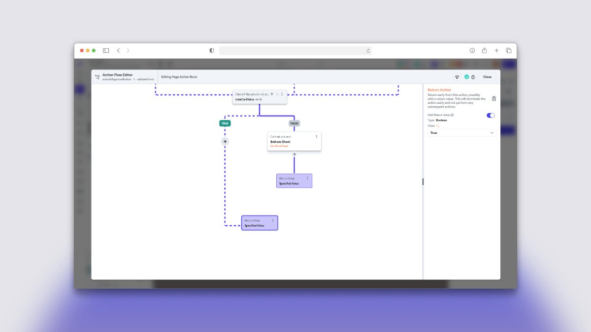 One minor UI inconvenience I noticed in <a href="/flutterflow/">FlutterFlow</a>  action block:

When you have both conditional action and return value, there's no "+" button. 
So there's no way to add any action in between.

I need to remove return node, add action, and add return node back.

A bit