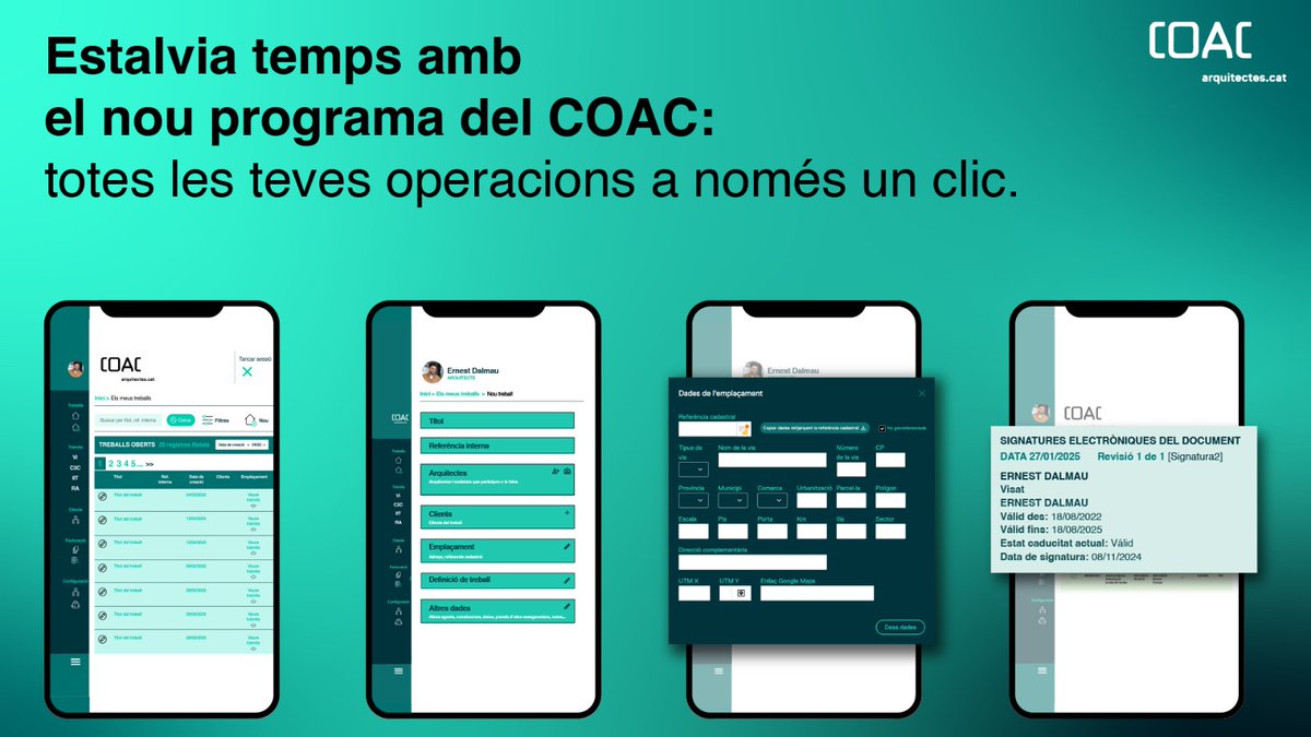 Estalvia temps amb el nou programa de #Visat del #COAC!

📲Tots els teus tràmits, centralitzats en una única plataforma.

Recorda que si tens dubtes, pots consultar les preguntes freqüents, els manuals i les presentacions aquí: arquitectes.cat/ca/visat/manua…

#ComarquesCentrals
