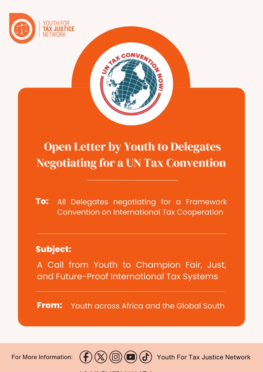 📝YTJN's Open Letter to World Leaders calls for a UN Tax Convention that is just for future generations, grounded in youth realities and built with us!

Read the full letter 👉 bit.ly/3Hh58yF 

#UNTaxConventionNow #Youth4TaxJustice #UnTaxConvention