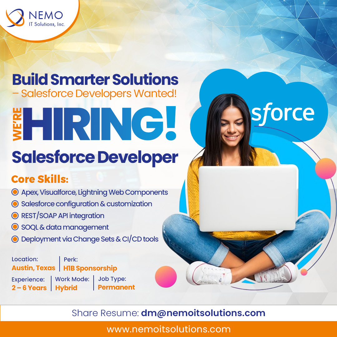 nemoitsolutions's tweet image. 💡 Build Smarter Solutions – Salesforce Developers Wanted!
Role: Salesforce Developer
📩 Share Resume: dm@nemoitsolutions.com
.
.
.
#SalesforceDeveloper #SalesforceJobs #TechJobsUSA #AustinJobs #HybridJobs #NowHiringUSA #SalesforceCareers #H1BJobs #DevelopersWanted