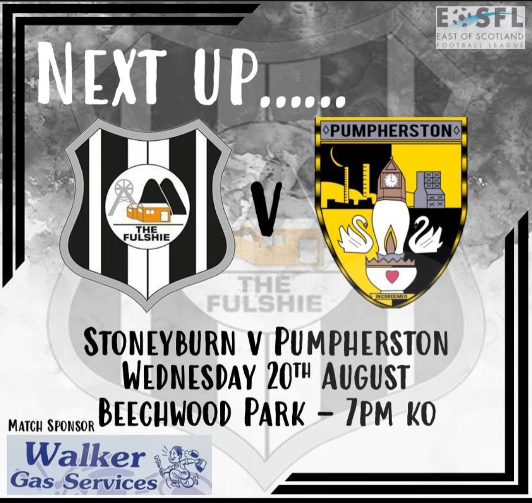 🖤🤍 MIDWEEK FOOTBALL 🤍🖤
📍 Beechwood Park, EH47 8AZ
🗓 Wednesday 20th August
⏰ 7:00pm KO
🏆 EOSFL 3rd Division
Stoneyburn <a href="/TheFulshie/">Stoneyburn Football Club</a>)  v <a href="/PumpherstonFc/">Pumpherston Fc</a>
🎟 Admission:
Adults £7
Concessions £4
Kids FREE
👏 Matchball Sponsor: Walker Gas Services
📞 01236 763886