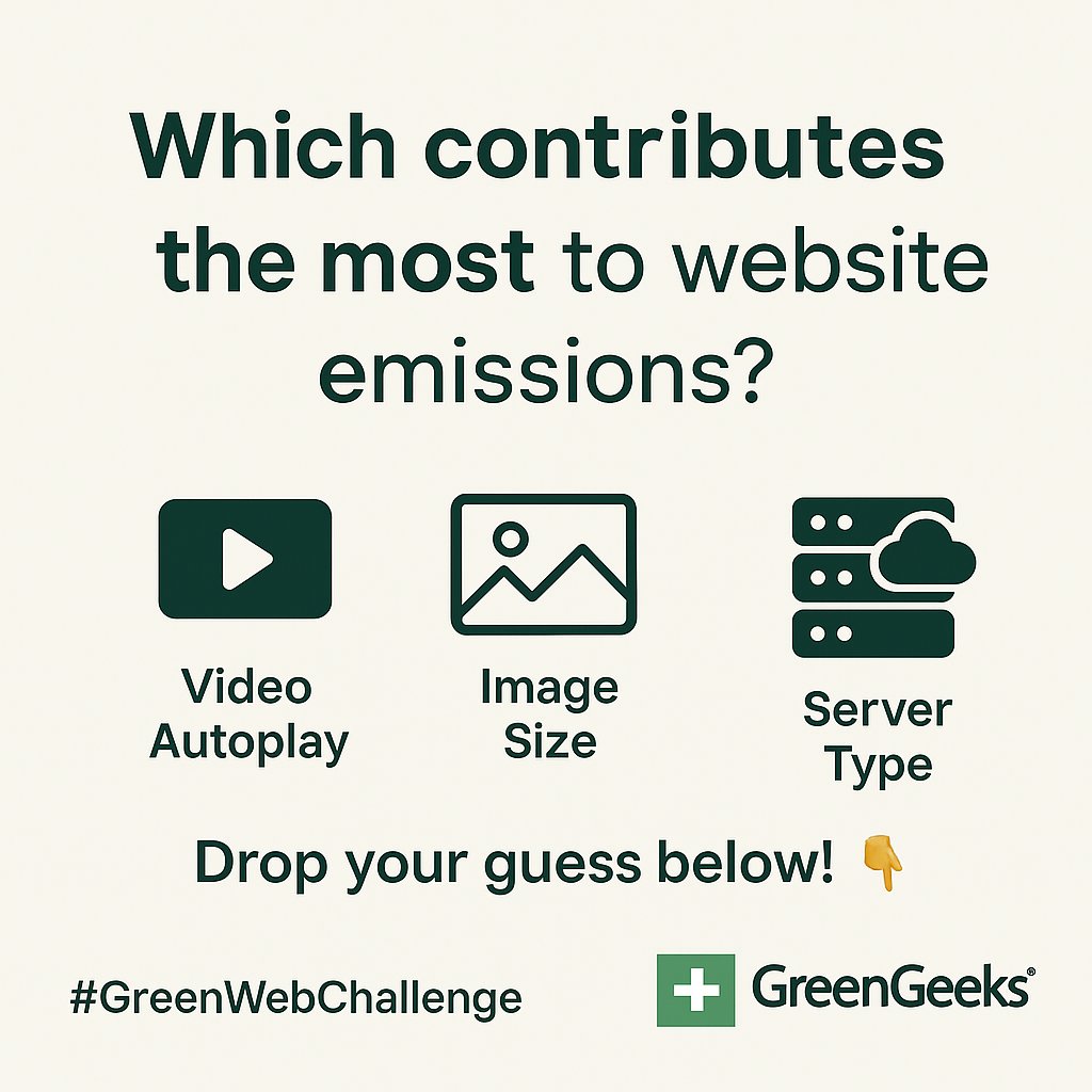 goGreenGeeks's tweet image. Pop Quiz: Which one’s the biggest contributor to website emissions?

A) Video Autoplay 🎥
B) Image Size 🖼️
C) Server Type 🖥️

Reply with your guess! 👇 #GreenWebChallenge&quot;