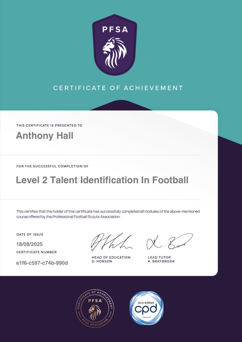AntHall23's tweet image. Just completed the @PfsaUk Level 2 Talent Identification in Football course! ⚽📋
Great insights into scouting, player profiling, and performance analysis. Time to put it into action! 👀🔍

#TalentID #PFSA #Football #Scouting