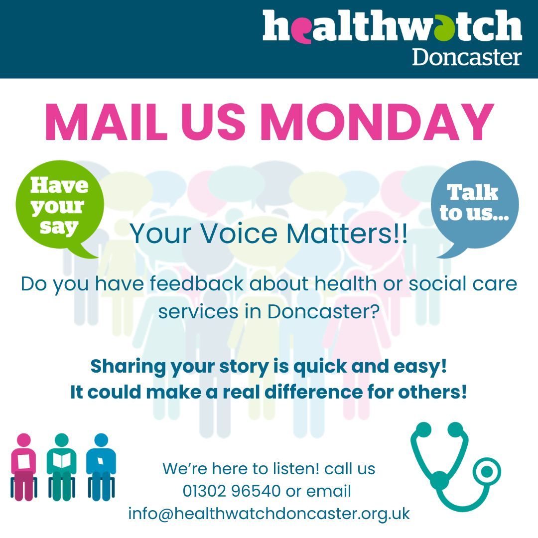 📬 Mail Us Monday 📬

Your voice matters – and we want to hear it! 💬
Do you have feedback about health or social care services in Doncaster?

👉 Whether it’s a positive experience, a challenge you’ve faced, or an idea for improvement, your story could help shape better services