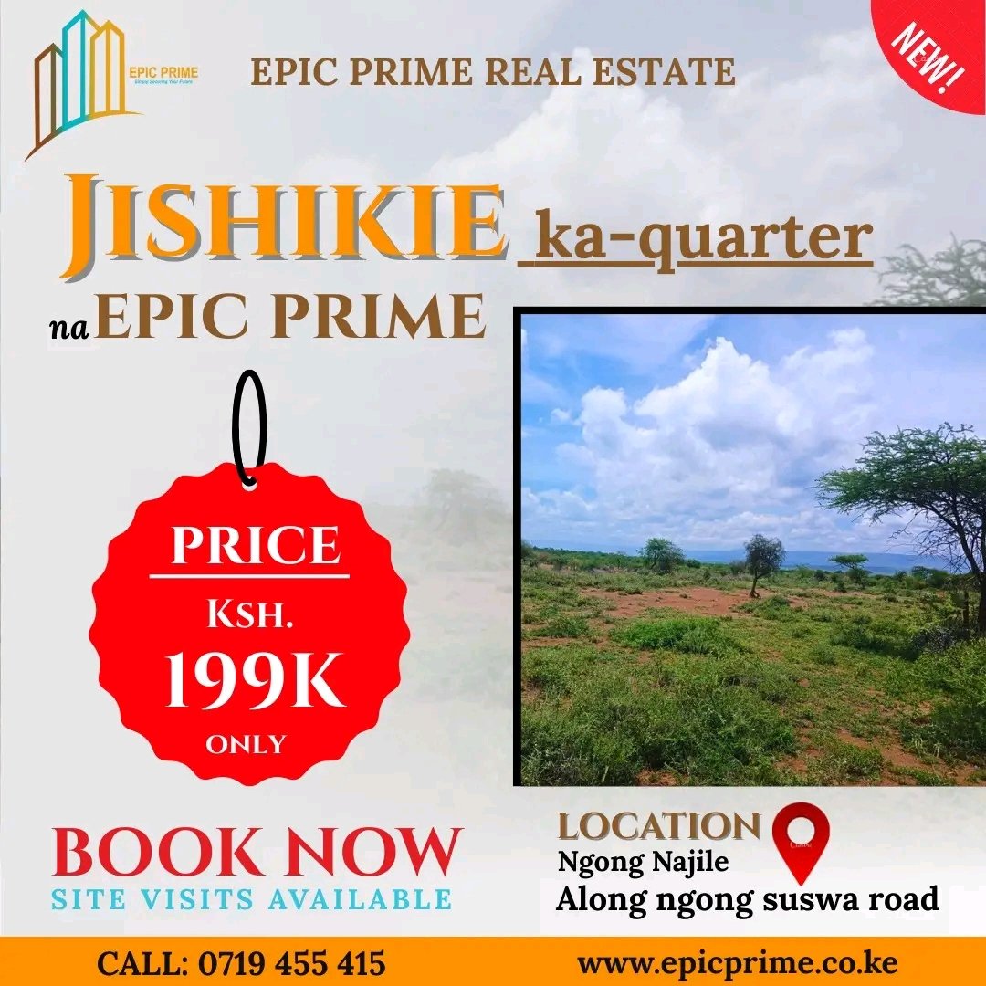100*100 Plots for Sale in TRANQUIL GARDENS NGONG NAJILE- 
●CASH :199K 
●DEPOSIT  50K BALANCE  6MONTHS 
● Red soil for easy cultivation 
● Ready individual title deeds 
●Water available, electricity in the neighborhood

 Call us on 0719 455 415, or  epicprime.co.ke