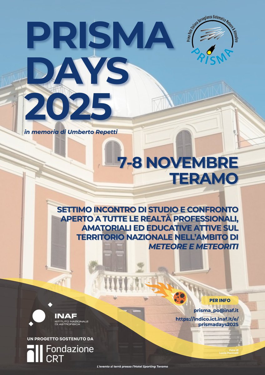 Tornano i #PRISMADays: 7 e 8 novembre a #Teramo per parlare di meteore e meteoriti. Clicca qui per iscriverti al meeting indico.ict.inaf.it/event/3296/ove…