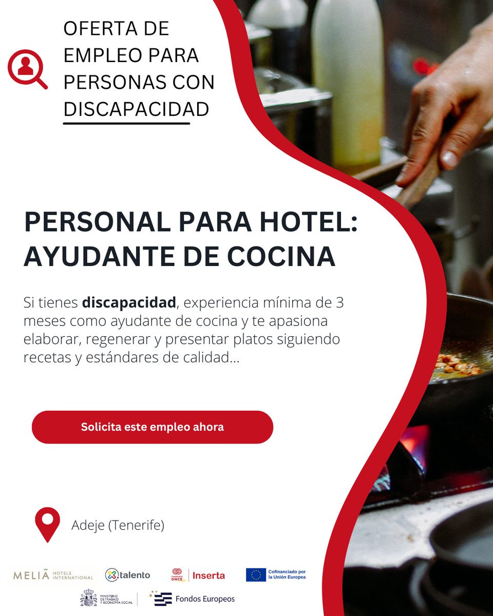 Por Talento (@portalento_) on Twitter photo 📢 #Empleo en <a href="/MeliaHotelsInt/">Meliá Hotels International</a>: ¡Buscamos "Ayudante de cocina" con #discapacidad en 📌 #Adeje (#Tenerife)!
📎 En la web: hubs.ly/Q03CKsfk0
✉️ En el email: mrflores.inserta@fundaciononce.es 📢 #Empleo en <a href="/MeliaHotelsInt/">Meliá Hotels International</a>: ¡Buscamos "Ayudante de cocina" con #discapacidad en 📌 #Adeje (#Tenerife)!
📎 En la web: hubs.ly/Q03CKsfk0
✉️ En el email: mrflores.inserta@fundaciononce.es
